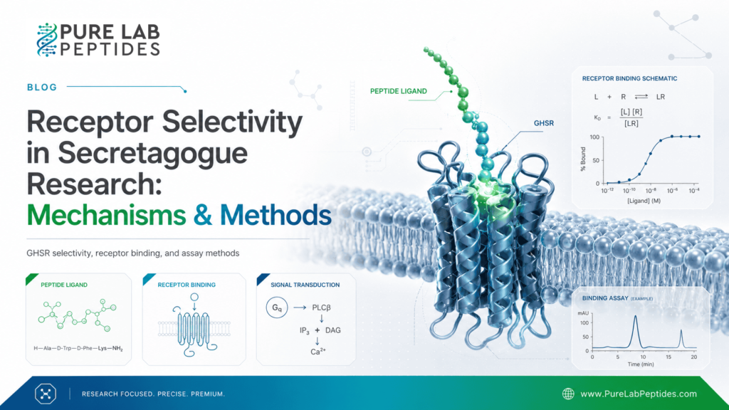 Secretagogue receptor selectivity research graphic showing binding and assay methods